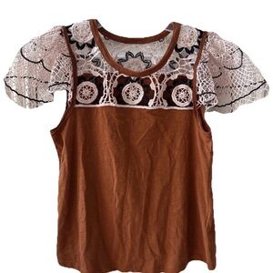 Anthropologie Cedar Brown Crotchet Flutter Sleeve Top Women’s Size Small New
